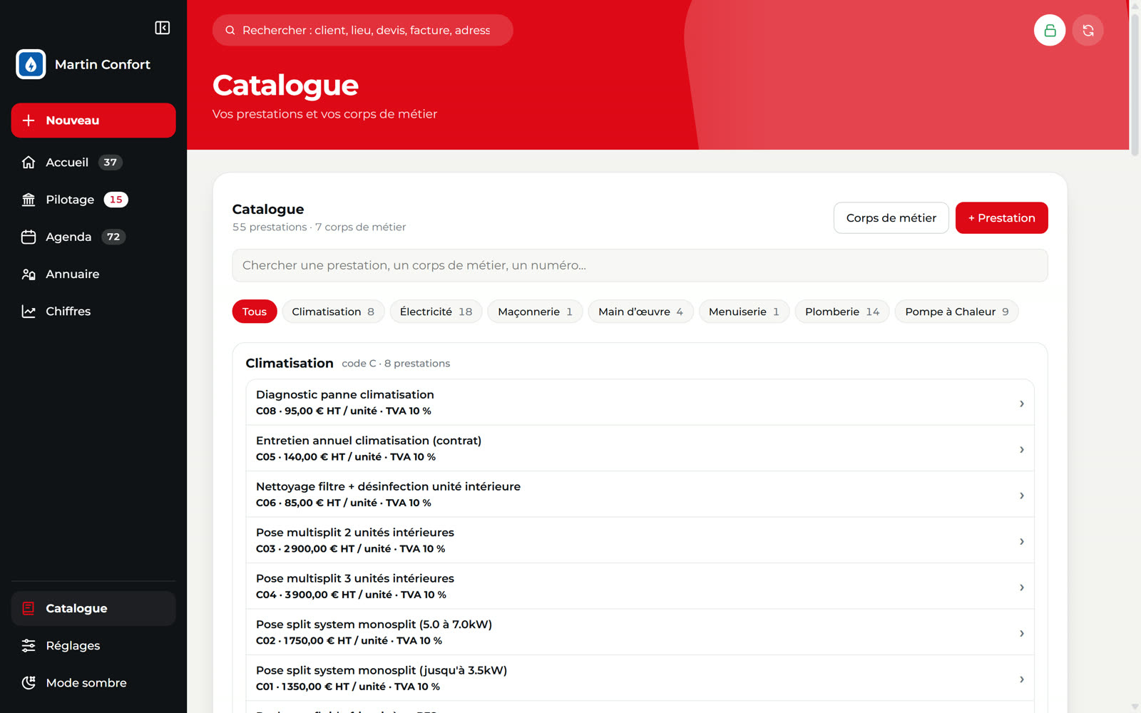 Tableau de bord Zelus : Catalogue