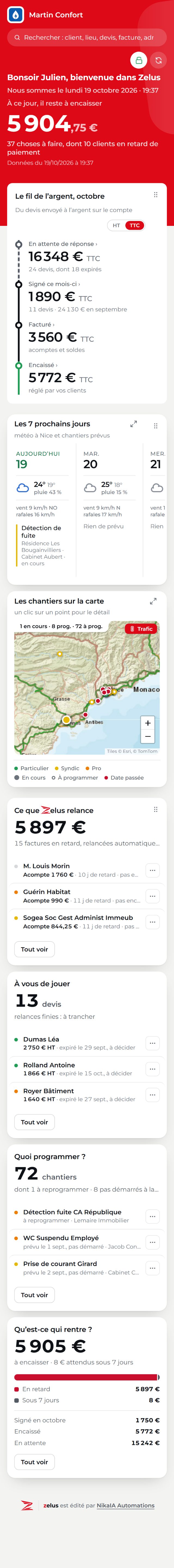 L'accueil du tableau de bord Zelus sur le téléphone