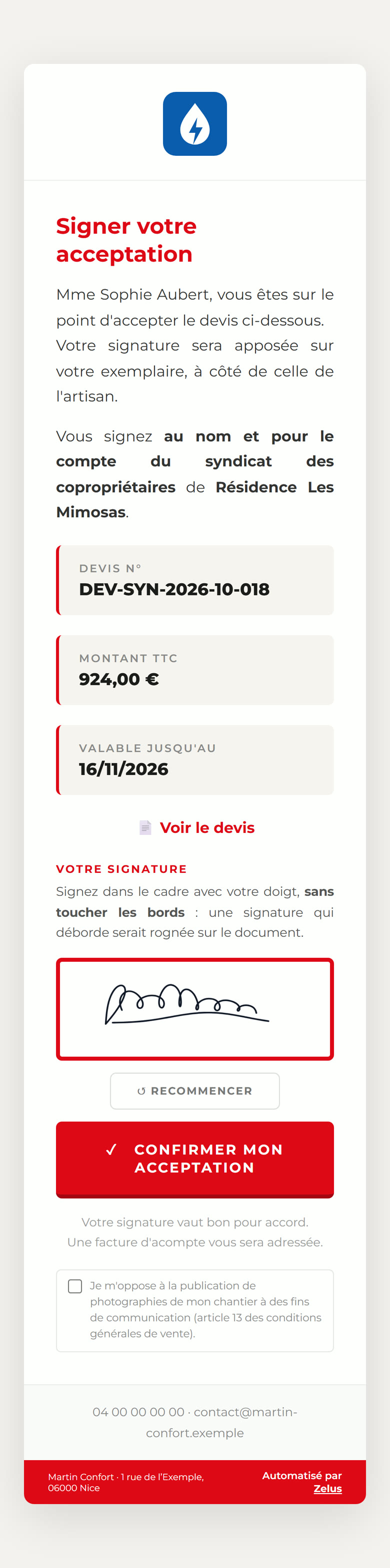 La page de signature que le client ouvre depuis l'e-mail du devis