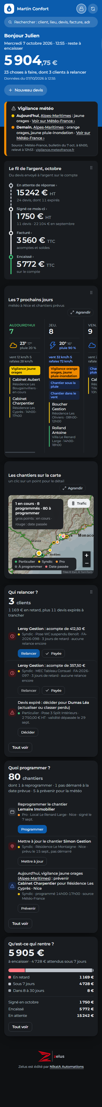Tableau de bord Zelus sur téléphone